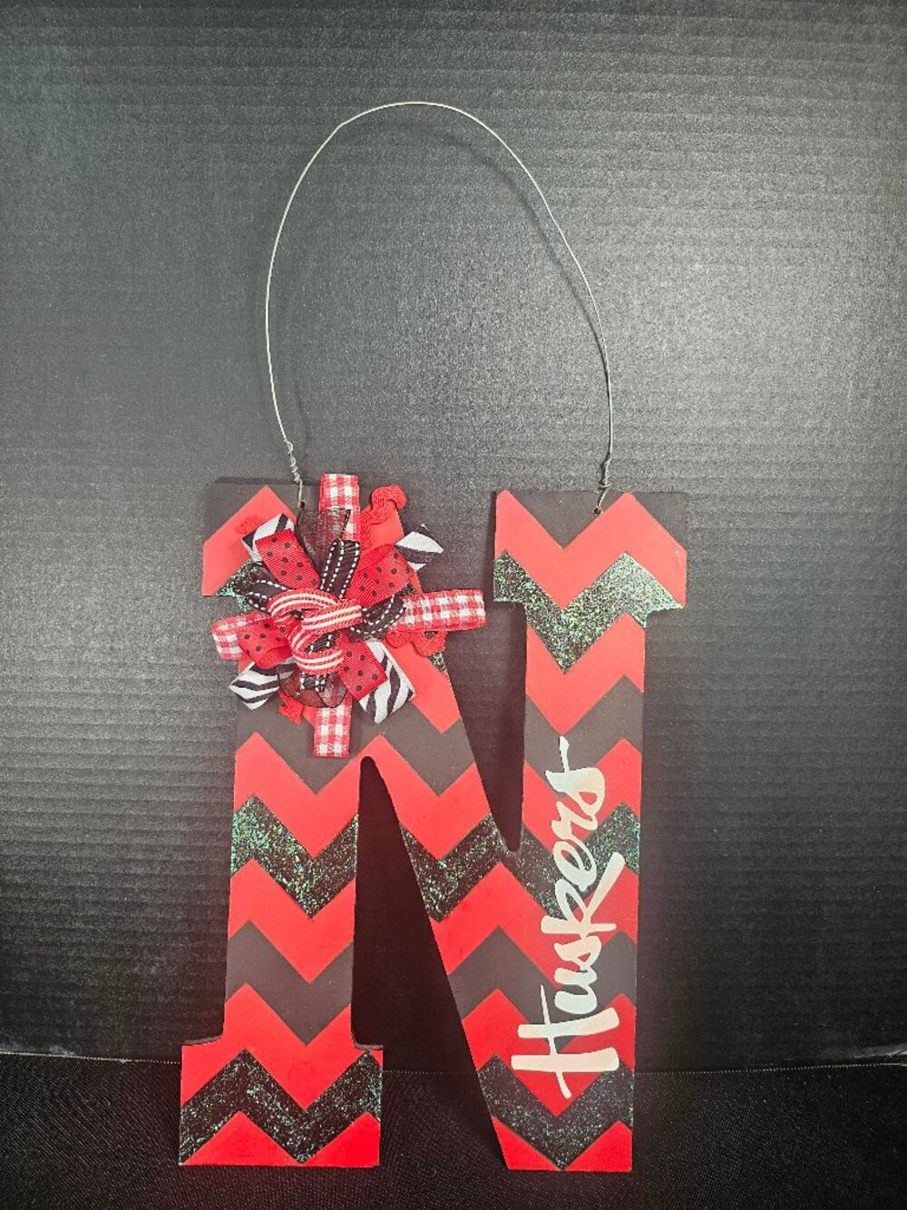 Handmade Wooden NE "N" Door Hanger Sign Red Black Chevron Design Huskers Script